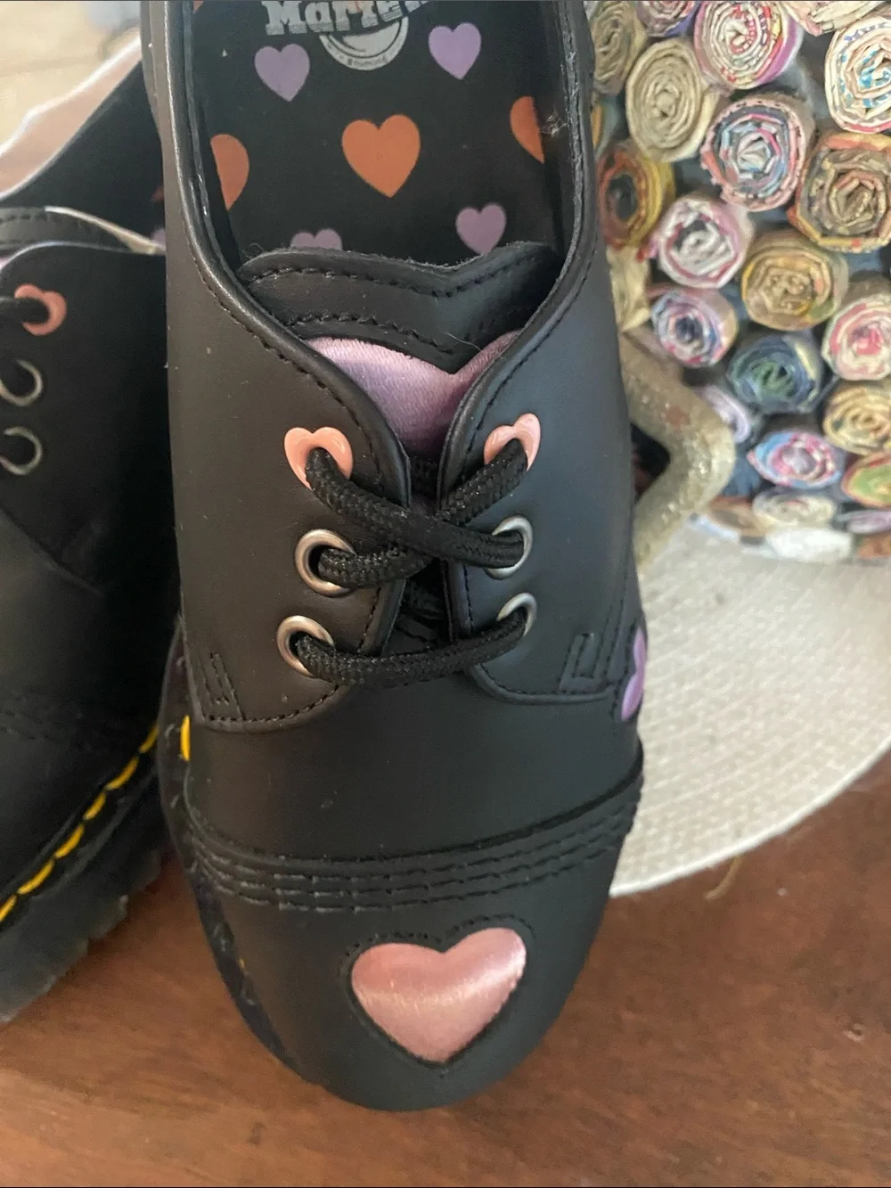 Dr. Martens Black Leather Platform Oxfords with Pink Heart Cutouts